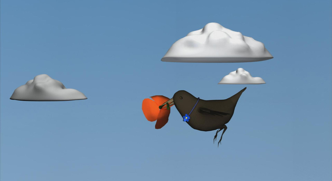 an animated black bird carrying an orange peel.