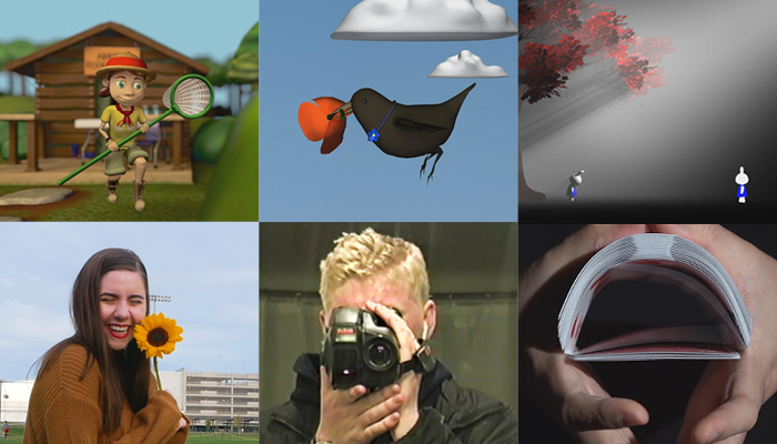 Six images from left to right, top to bottom, an animated girl scout member catching a butterfly, a young woman smiling with a sunflower in her hand, an animated black bird carrying an orange peel, a blonde person looking through a camera, two animated rabbits facing each other in a high contrast background, and a set of hands holding a deck of cards.