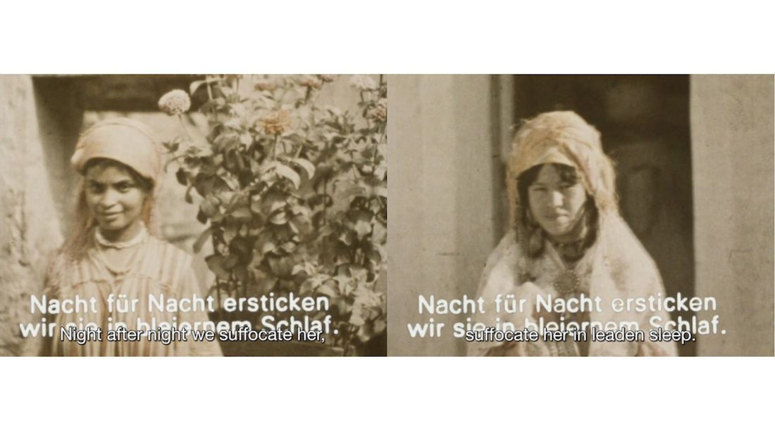 Side by side sepia tone frames of women with subtitles in two languages over the bottom of the frame, reading " Night after night, we suffocate her / Suffocate her in leaden sleep, from the 1982 French documentary Zerda and the Songs of Forgetting