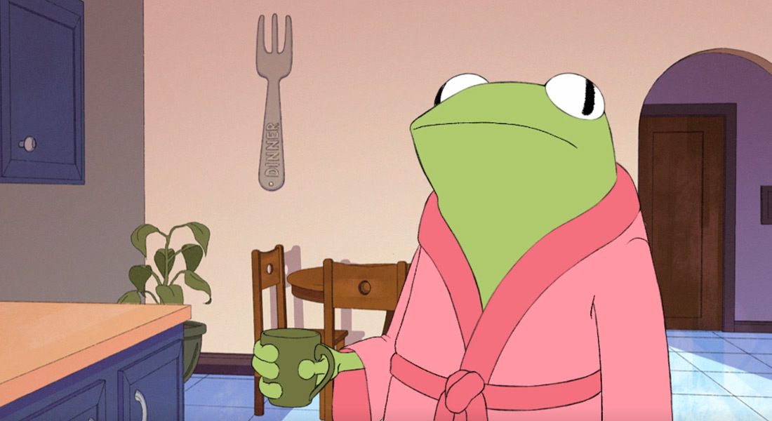 A colorful still from an animation featuring a frog in a pink bathrobe holding a green mug