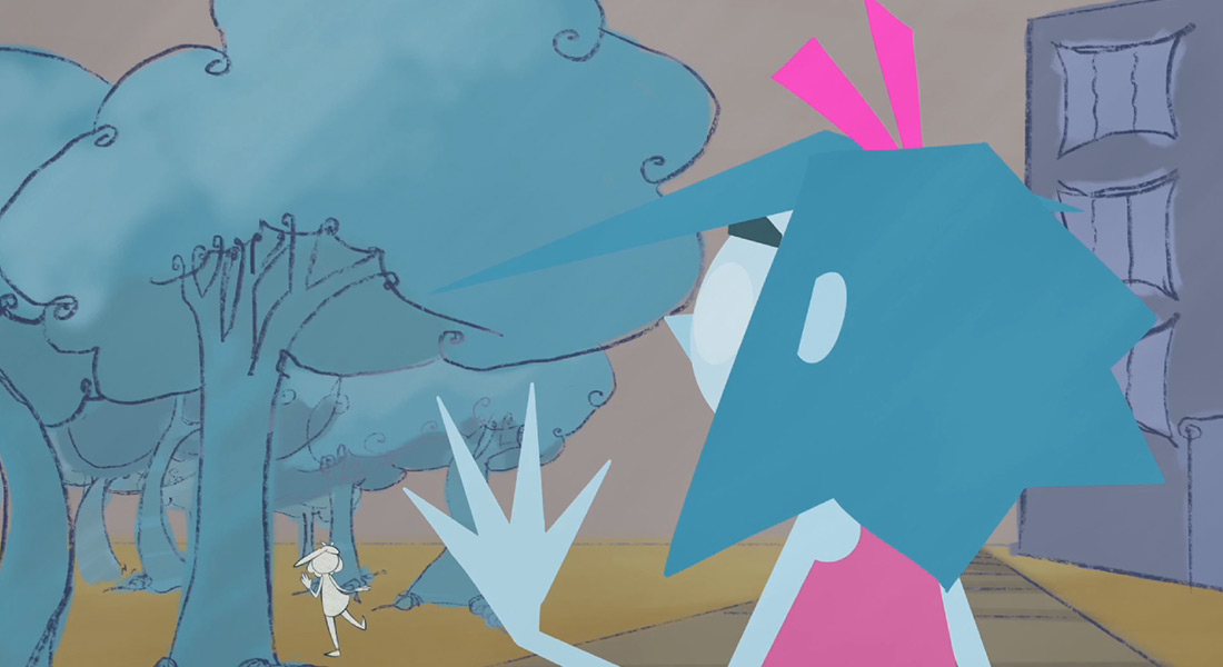 A still from an animation showing a figure with angularly drawn, purple and blue features waves goodbye to another figure in the distance beneath some more realistically drawn blue trees