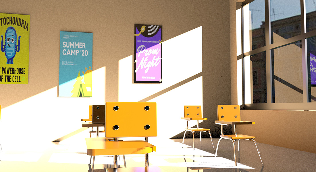 A still from a computer-animated film showing the inside of a sunlit classroom with rows of empty desks and student-event posters on the back wall