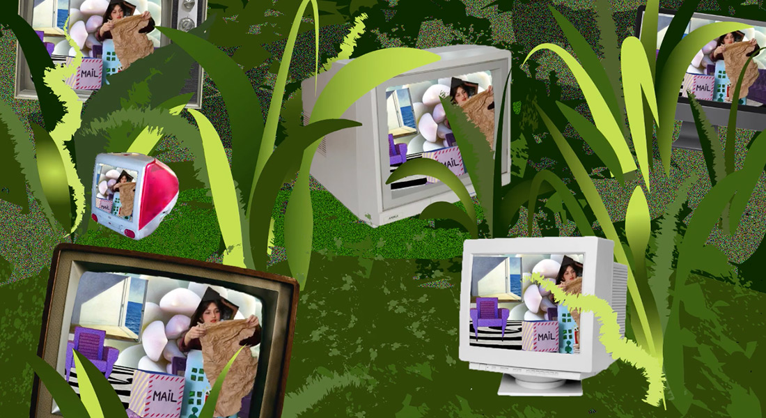 A computer generated images of 4 computer monitors in a field of green grass