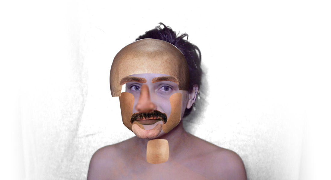 A computer manipulated image of a person with a forehead and moustache