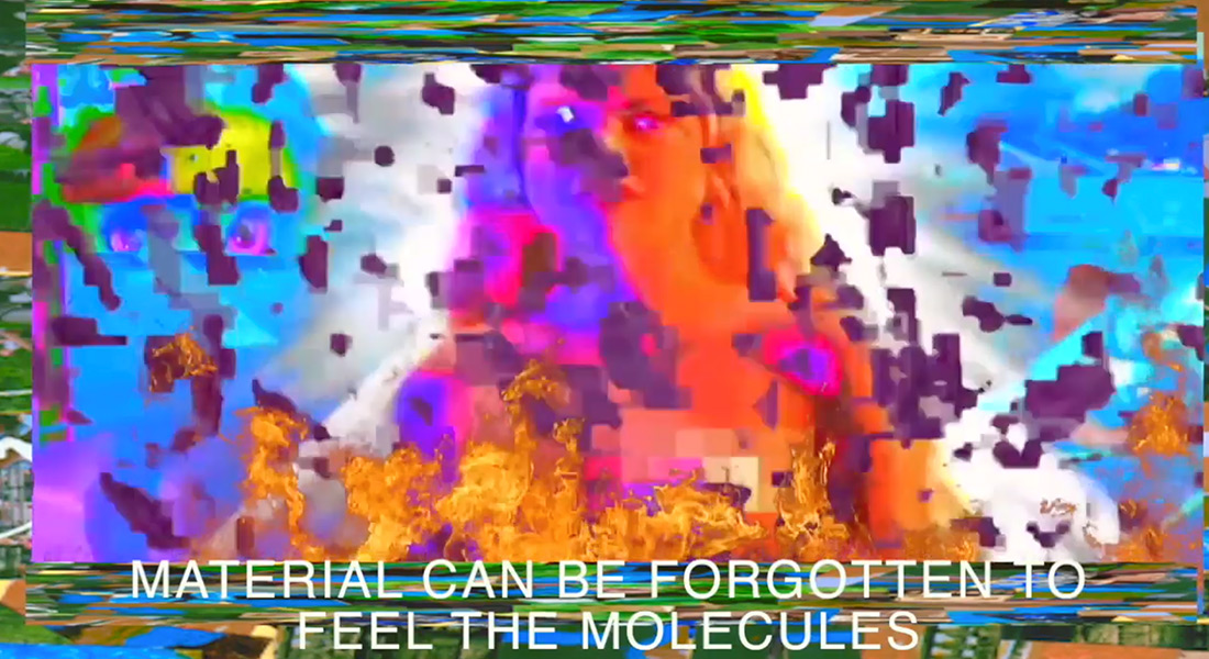 A multicolored--blue, orange, purple--computer generated image with a text subtitle that reads "Material can be forgotten to feel the molecules."