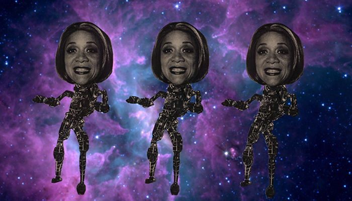 Animation of three identical dancing robots with the main character's head, all made by photocollage