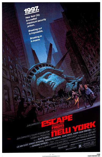 The theatrical poster for Escape from New York featuring the title in a futuristic red type and cityscape with the fallen head of the Statue of Liberty