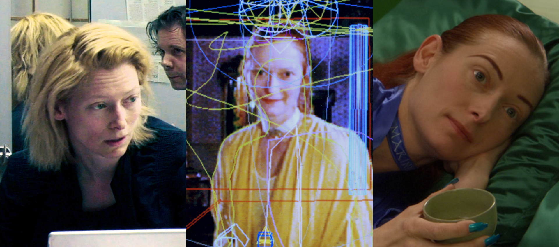 Three images of Tilda Swinton. From left to right: Swinton speaking while wearing a black shirt and jacket, in the center she wears a yellow coat with her red hair pulled back the image is covered in lines of different colors that appear to have been added digitally, the third image she lays on her side and holds a coffee cup. Her fingernails are painted blue and her shirt is also blue