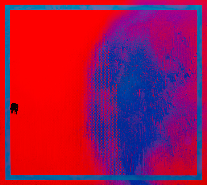 An abstract painting that places a red field in a blue square with what appears to be blue spraypaint on the right half. Some of the paint is rendered in dots, like a halftone print or benday dots.