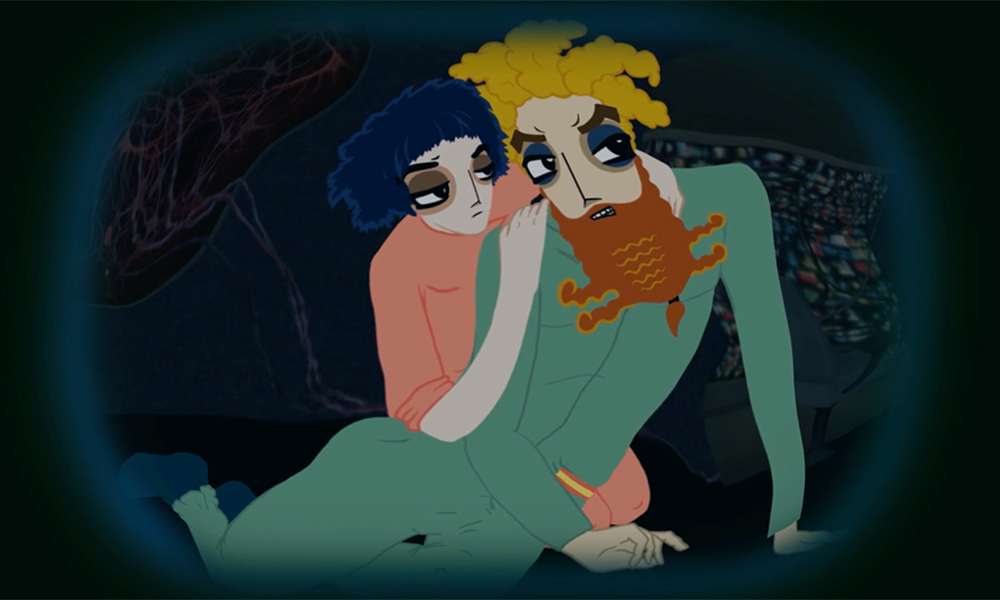 Two cartoon figures, one in an all green bodysuit with a red beard and yellow frizzy hair. This figure is being held from behind by another figure with dark hair and dark eyes. They wear an all pink body suit.