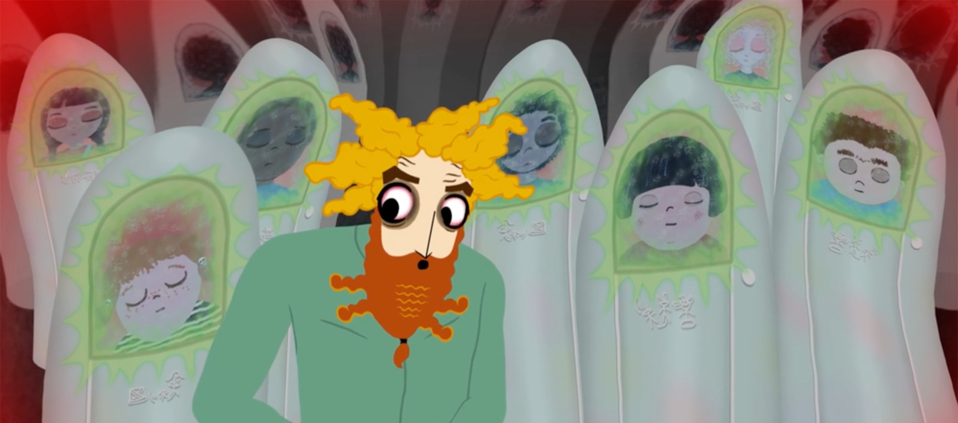 An image of a cartoon figure with a red beard and yellow, frizzy hair. Behind the figure are several gray tubes, each with a person inside.