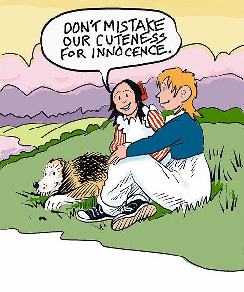 A colorful panel of two cartoon figures next to a dog. A text bubble says "Don't mistake our cuteness for innocence"