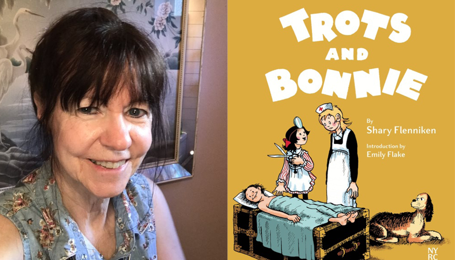 An image of a woman with dark hair and wearing a scarf and an image of the cover of Trots and Bonnie