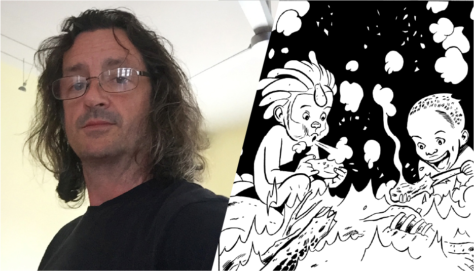 Jeff Smith wearing eyeglasses and a black t-shirt. His hair is longer and falls to the bottom of his neck. To the left is a black and white image of the comic Tuki