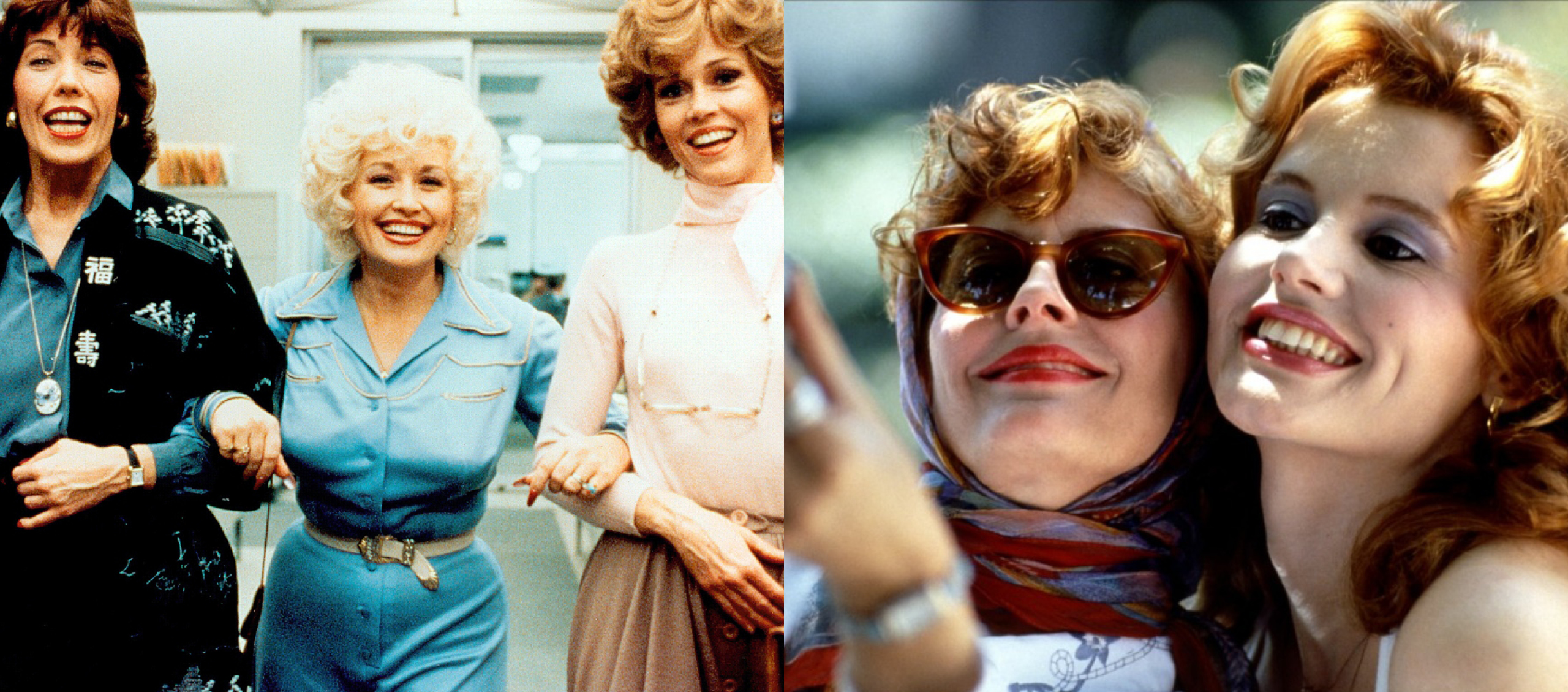 Stills from 9 to 5 with Lily Tomlin, Dolly Parton and Jane Fonda next to a still from Thelma and Louise with Susan Sarandon and Geena Davis.