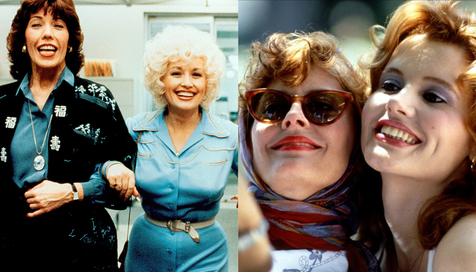 Stills from 9 to 5 with Lily Tomlin, Dolly Parton and Jane Fonda next to a still from Thelma and Louise with Susan Sarandon and Geena Davis.