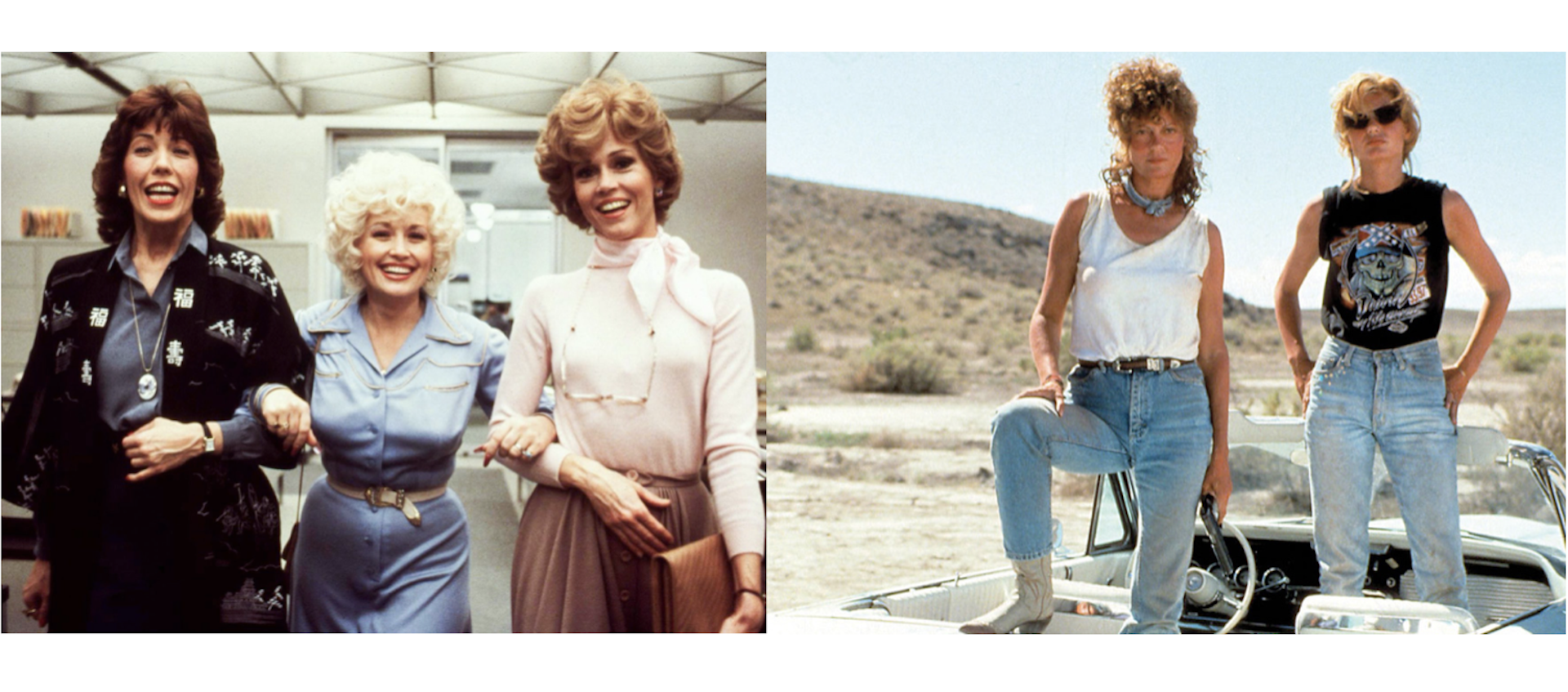 Side by side stills from the films 9 to 5 and Thelma & Louise
