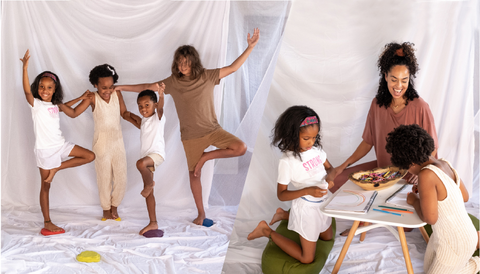From left to right: Photo of four children, all of whom have varying shades of brown skin and hair, standing in yoga poses in front of a background of white fabric; photo of an instructor and young children, all of whom have varying shades of brown skin and hair, kneeling at a small table and drawing.