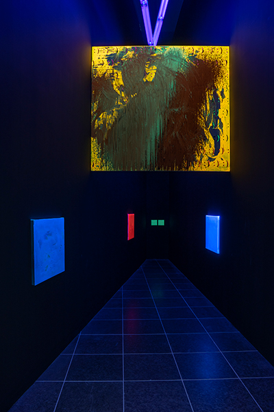 A view of five abstract paintings hung in a special wedge-shaped space in the Wexner Center galleries lit only with ultraviolet light. A large yellow canvas hangs near the ceiling while four smaller monochrome red, blue, and green canvases hang at eye level.