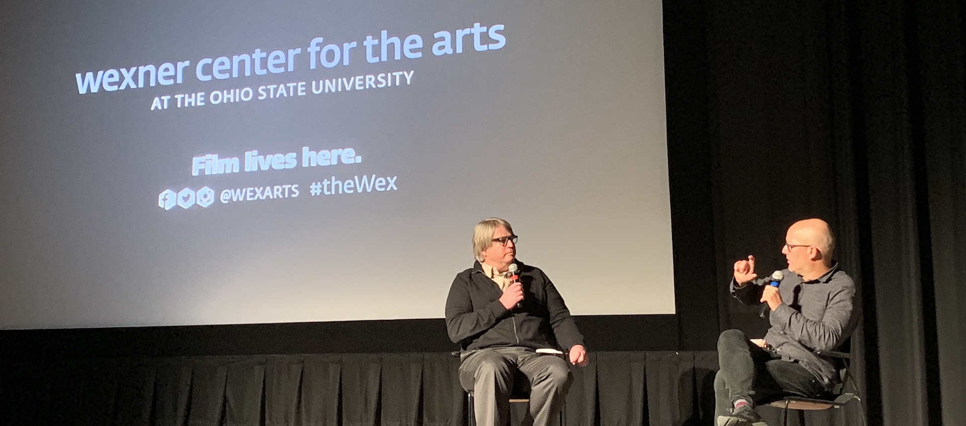 David Filipi and filmmaker Bill Morrison on stage in the Wexner Center Film/Video Theater