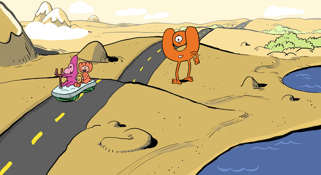 Two cartoon characters drive a vehicle made out of a mattress while a large orange creature looms behind them in a desert landscape