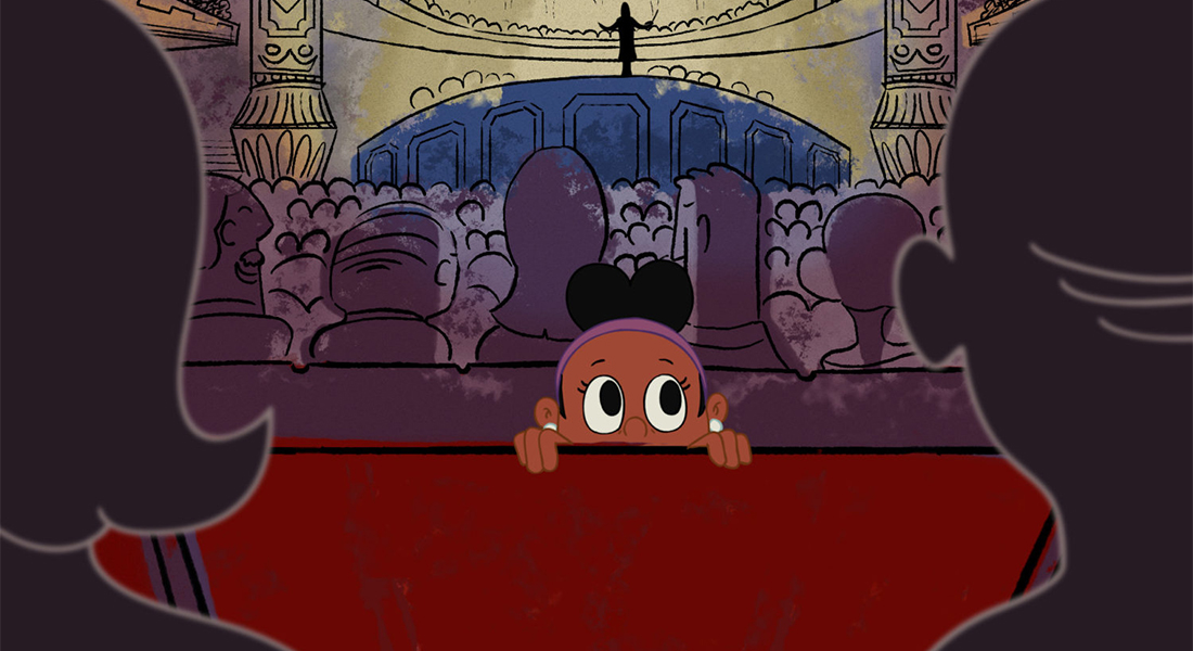 A girl peers over a table in front of theater audience in the background in this animated still