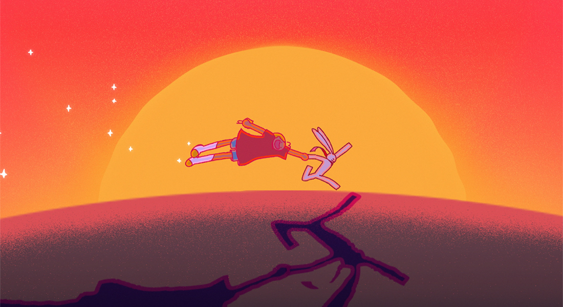 In this animated still a cartoon bunny seems to pull a human along in midair in front of a dramatic sunset