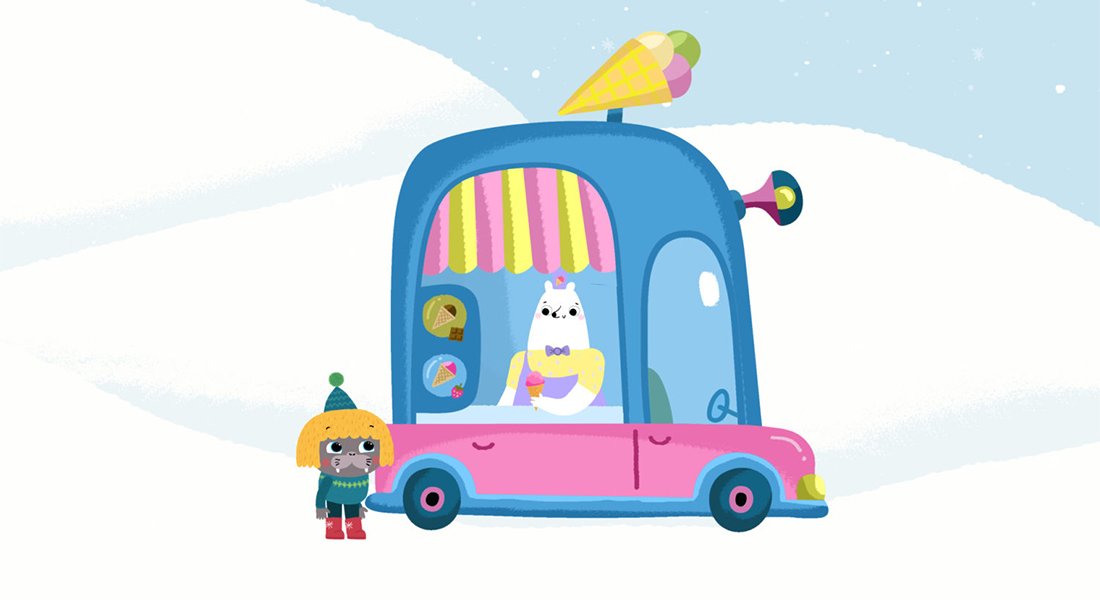 In this still from an animated film, a walrus in a wig with a pointed hat waits for an ice cream cone from a polar bear in an ice cream truck parked in a snowy, hilled landscape.