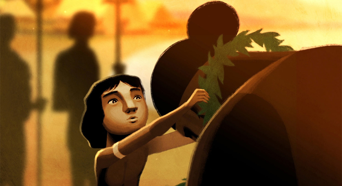 A young person places a leafy lei on an older and larger person's head in this stylized animated still