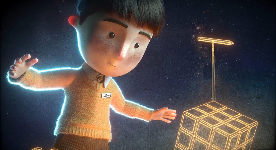 A backlit young person in a knit yellow sweater, shirt, and tie floating in space reaches out to Rubick's Cube and pencil rendered in glowing yellow outlines in this animated still.