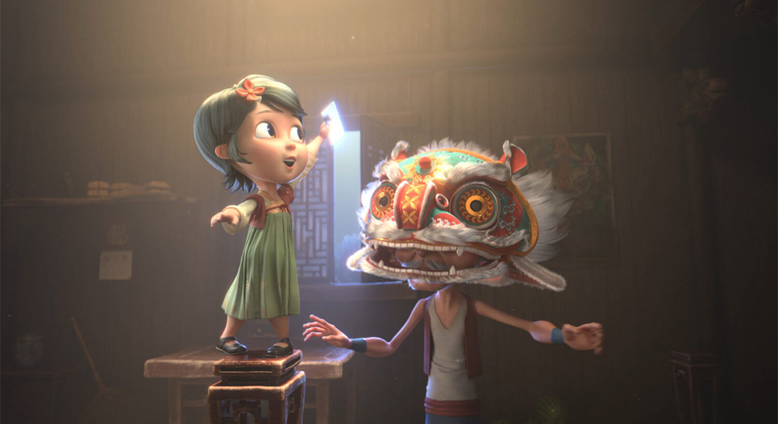A young person in a green dress balancing on a small table holds a small mirror aloft over an elder wearing a Chinese dragon mask in this animated still