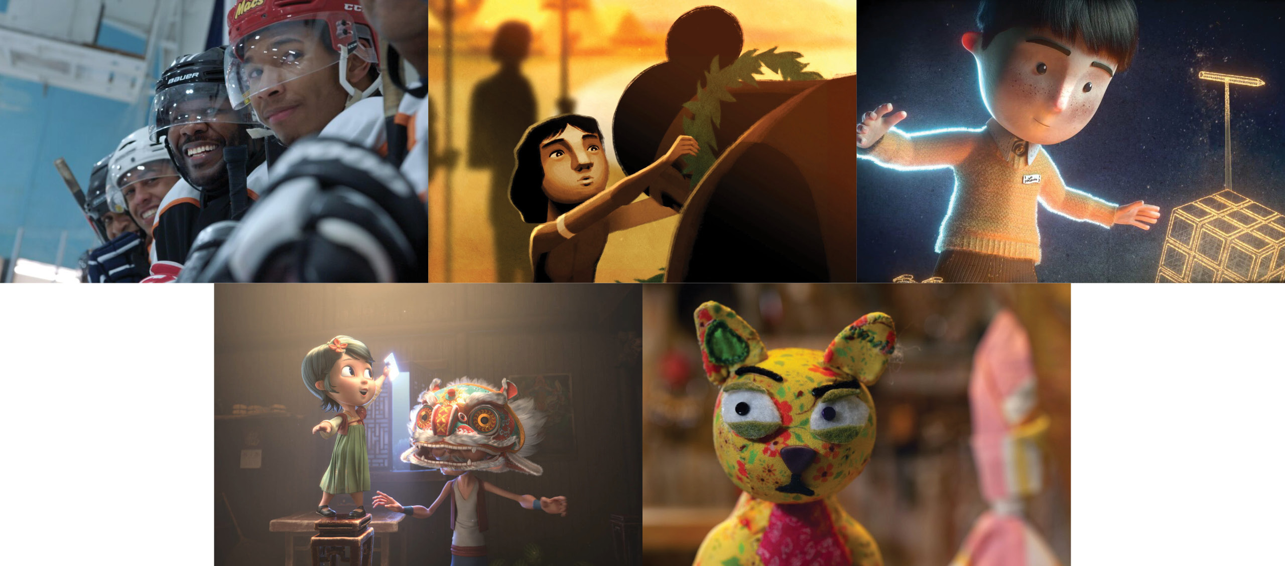 A colorful collage of five stills from the animated Kid Flicks Two program