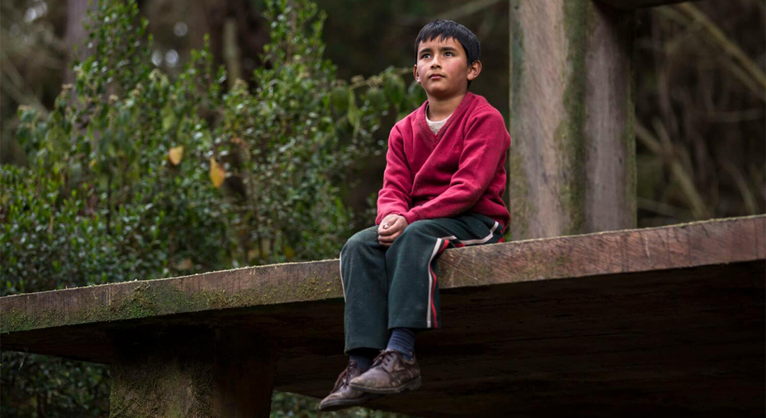 A seated child in red sweater and striped pants looking in the distance dangles their legs over a wooden structure