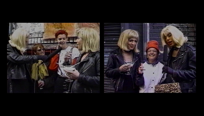 A strip of two color images featuring various people attending a Riot Grrls conference in 1993, each including Glenn Belvario holding a microphone and dressed in a blonde wig and leather biker jacket.