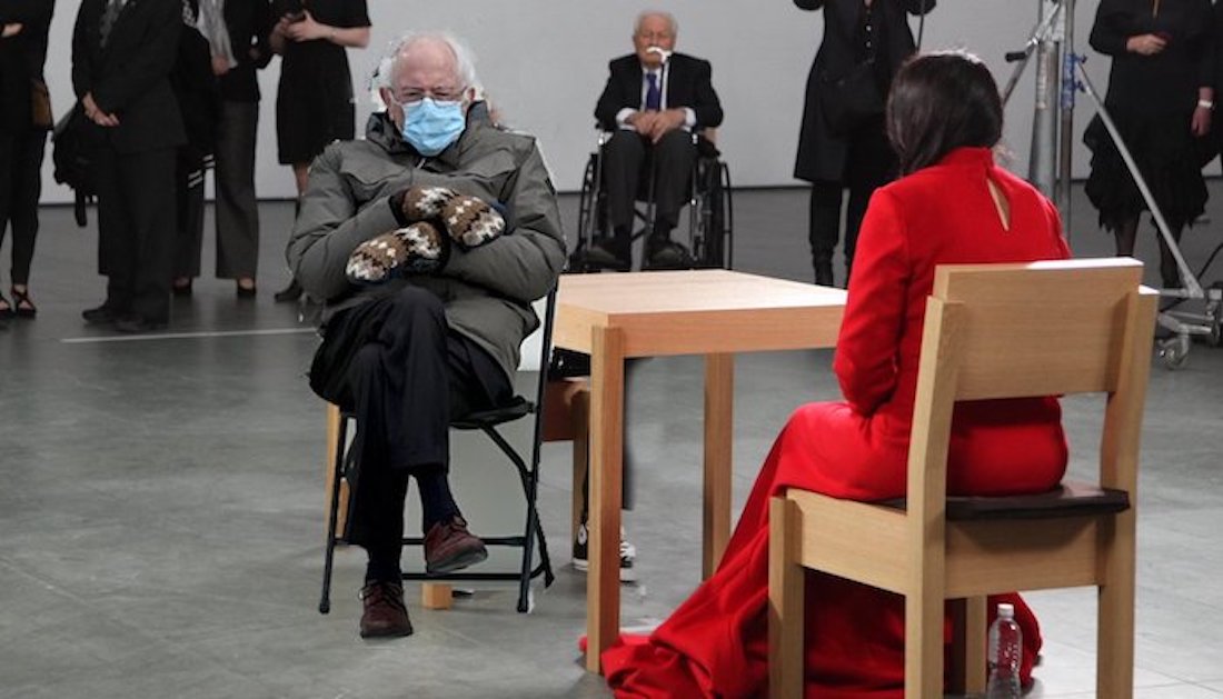 A masked Bernie Sanders inserted into an image from Marina Abramovic: The Artist is Present