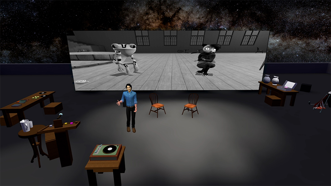 In a computer-animated still a person in a blue shirt seems to speak on a virtual stage with chairs and desks and a turntable; a realistic black and white animated still of a humanoid frog and rodent appear in the background