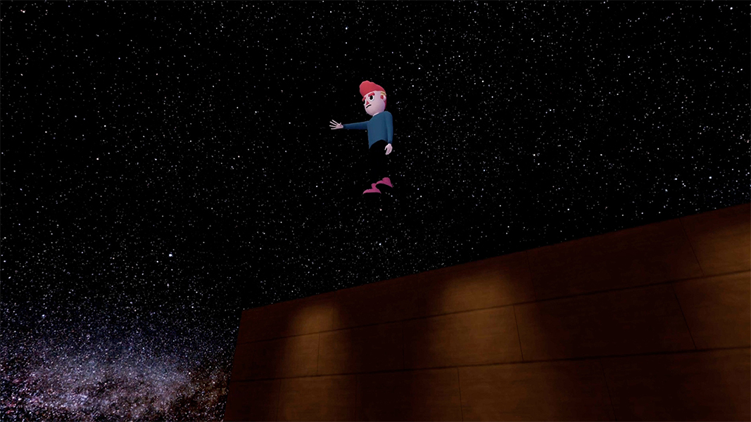 In a computer-animated still a person with red hair, purple boots, and a blue shirt floats above a brick wall against a starry shy