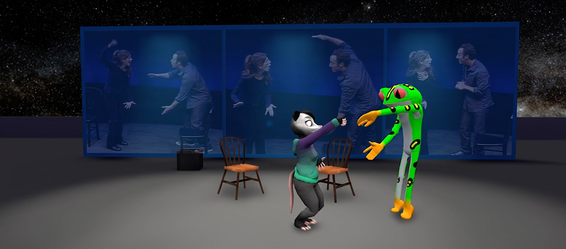 A computer animated rodent in sweatshirt seems to dance with a glove-wearing spotted frog in a virtual environment with two chairs and a background screen with three photos of real actors making similar gestures