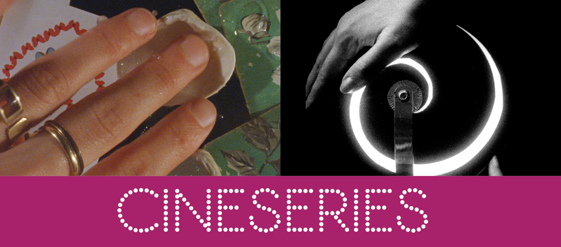 Cineseries logo in white text over a pink background below two film stills