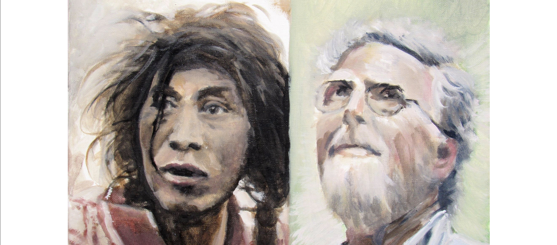 Andrea Quispe Chura (after a photograph by John Cohen)/John Cohen Peruvian Andrea Quispe Chura, left, (after a photograph by John Cohen) and late photographer/musicologist John Cohen on right.  11″x14″ oil on canvas, 2021 by Berry van Boekel