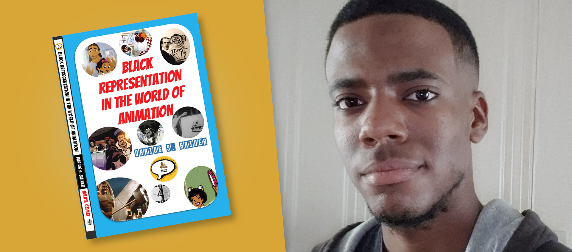 An image of Darius Gainer's book over a yellow background next to a photo of Gainer