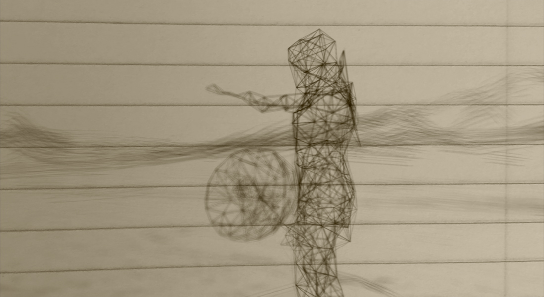 Notebook sketch of the shape of a person created with geometric lines; there appear to be mountains drawn in the background and a circular shape drawn of geometric lines in the center of the page