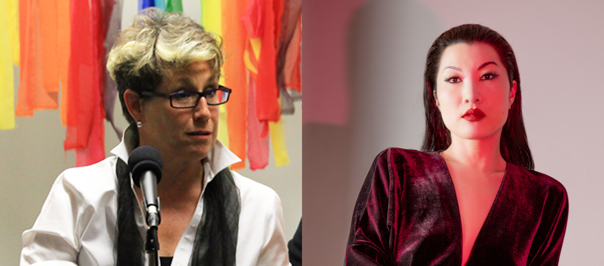 On the left, artist Jerri Allyn has short blonde hair; is wearing a white-collared shirt and black scarf; and is standing behind a microphone in front of a backdrop of red, orange, and yellow streams of fabric. On the right, artist Kayla Tange has long, slicked-back dark hair; is looking into the camera; and is wearing a shimmery, dark red V-neck and red lipstick.