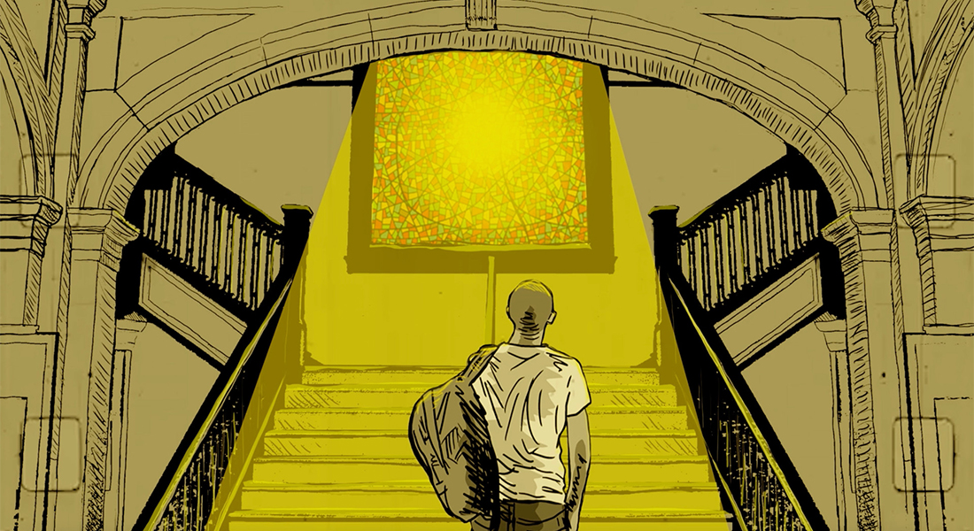 Animated still of a person from behind wearing a white t-shirt and backpack who is standing at the foot of a stairway lit with yellow light from a stained-glass window at the top of the stairs.