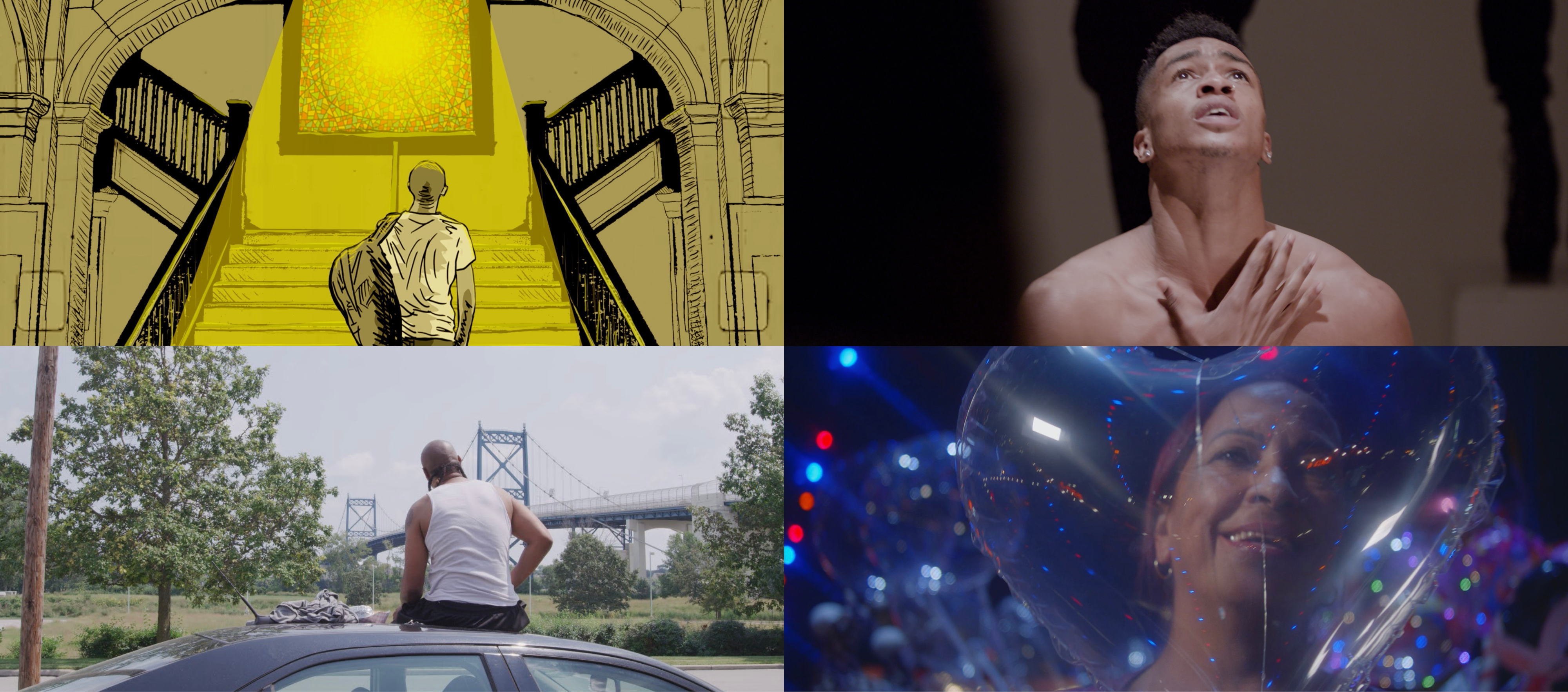 Clockwise from top left: Animated still of a person standing at the foot of a stairway lit with yellow light from a stained-glass window at the top of the stairs; still of a person looking up and holding their hand to their bare chest; still of a person sitting on top of a car, back to the camera, facing a bridge and greenish-yellow landscape in the background; still of a person smiling behind a transparent, heart-shaped balloon, with colorful lights twinkling throughout the image.