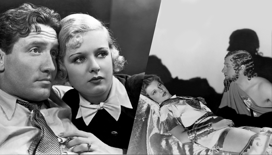 On the left is a black-and-white still from Me and My Gal featuring a man with curly, darker hair who is wearing a button-down shirt and tie. To the right is a woman with curly blonde hair; she has her hand on the man’s chest, and she’s wearing a black shirt with a white collar and bowtie. On the right is a black-and-white still from The Warrior’s Husband featuring a woman in warrior garb laying down while a man (on her right) with curly hair and a long beard looks over her.