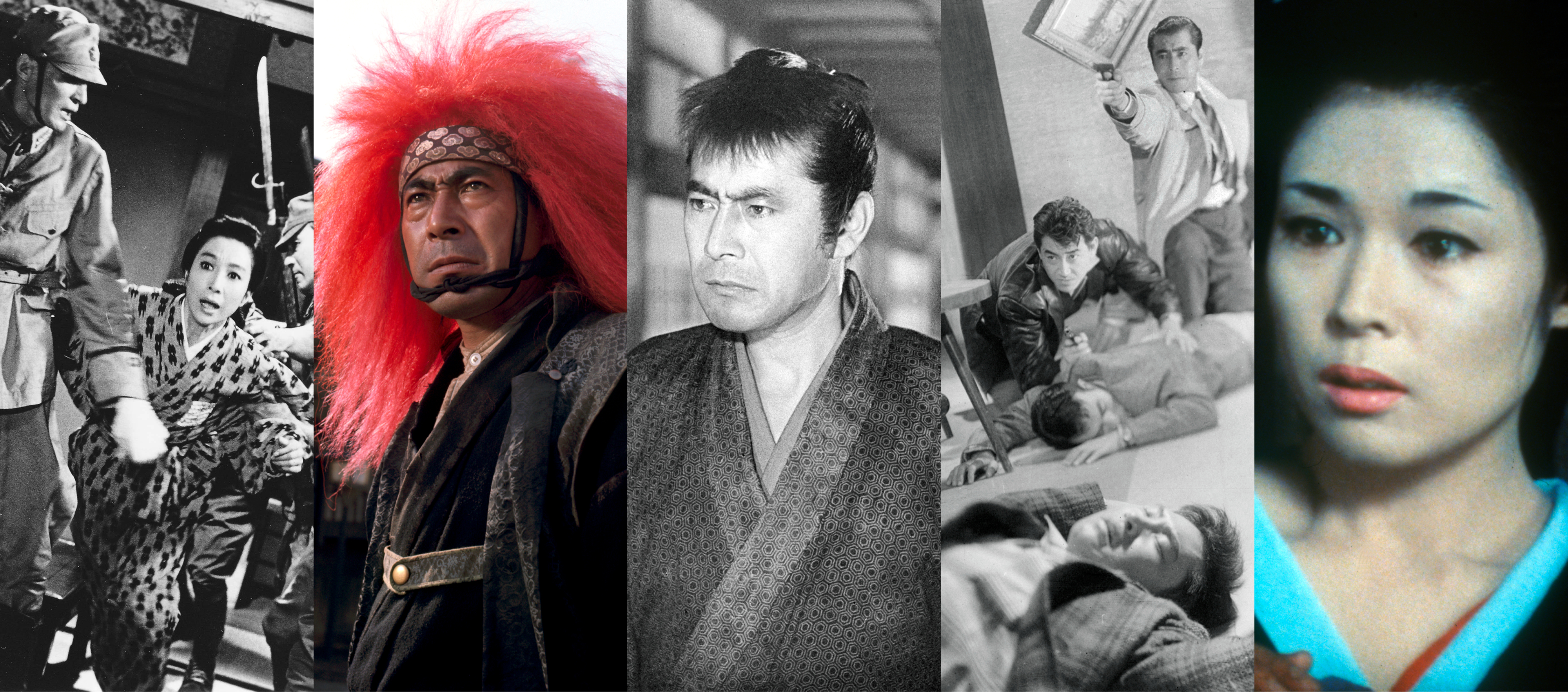 From left to right: black-and-white still of a person in a patterned kimono who is trying to flee from four soldiers with weapons; still of a person wearing a red lion’s mane; black-and-white still of a person with short, dark hair, pulling their eyebrows together in confusion; black-and-white still of a gunfight where two people are on the ground with guns pointed in front of them and two unconscious people are on the floor; still of a person with dark hair, pink lipstick, and a blue-lined kimono.