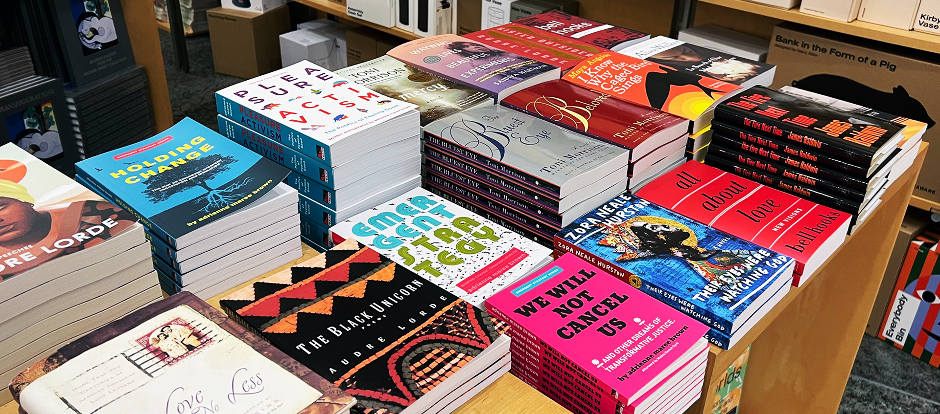 Photo of books on display in the Wexner Center Store that are included in curator jaamil olawale kosoko’s Syllabus for Black Love Library.