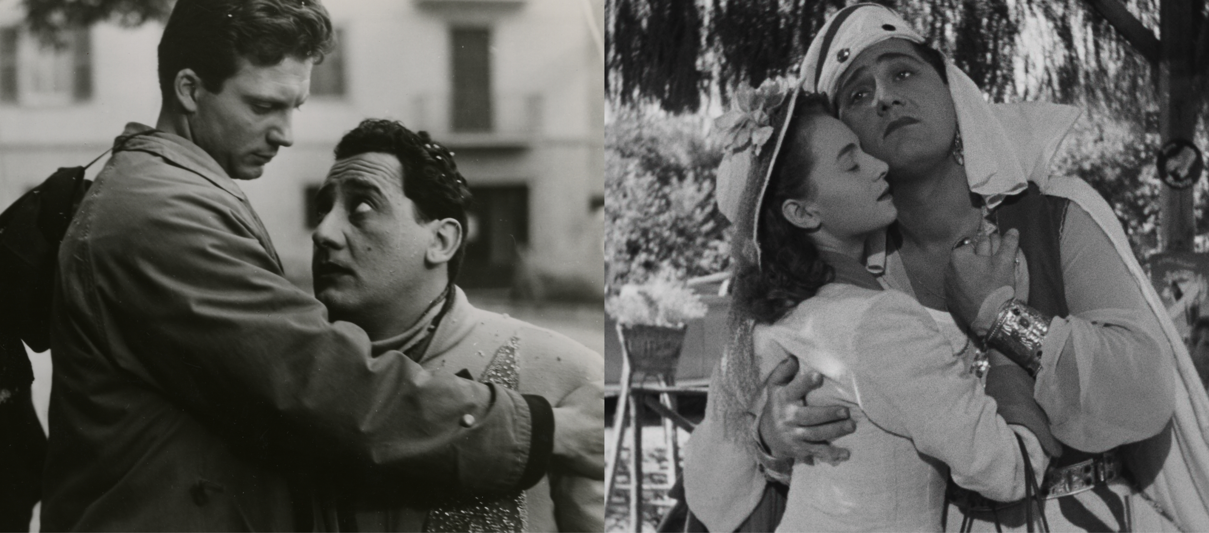 From left to right: Black-and-white still from I vitelloni, featuring Fausto (Franco Fabrizi), Alberto (Alberto Sordi), and Gisella (Vira Silenti). Fausto (left) is looking down at Alberto, his hand on Alberto’s shoulder as if to console him. Gisella is standing in the background watching them; Black-and-white still from The White Sheik featuring Wanda (Brunella Bovo) and Fernando (Alberto Sordin) embracing. Wanda (left) is wearing a dress and hat, and Fernando (right) is wearing a Sheik headdress.