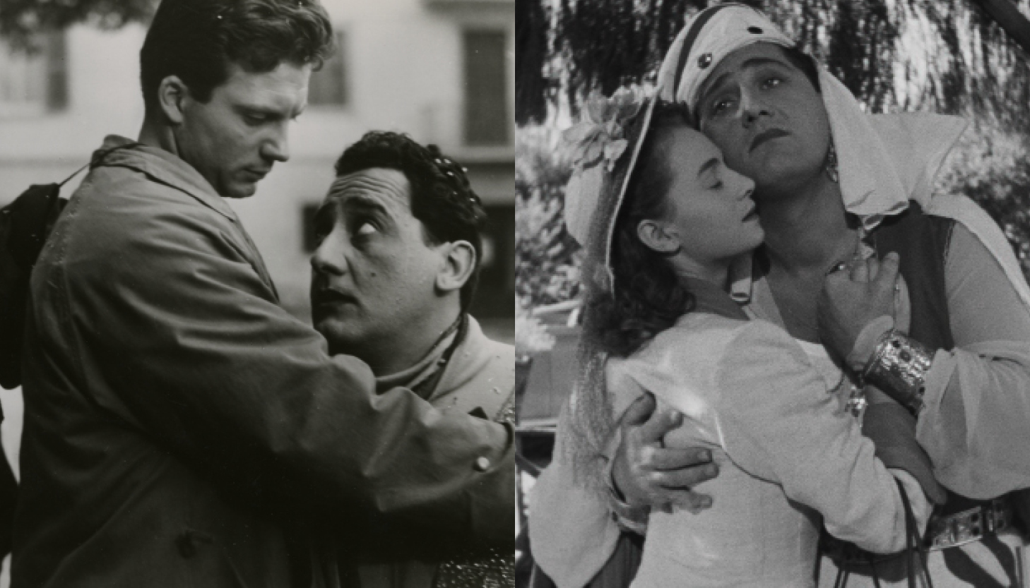 From left to right: Black-and-white still from I vitelloni, featuring Fausto (Franco Fabrizi), Alberto (Alberto Sordi), and Gisella (Vira Silenti). Fausto (left) is looking down at Alberto, his hand on Alberto’s shoulder as if to console him. Gisella is standing in the background watching them; Black-and-white still from The White Sheik featuring Wanda (Brunella Bovo) and Fernando (Alberto Sordin) embracing. Wanda (left) is wearing a dress and hat, and Fernando (right) is wearing a Sheik headdress.